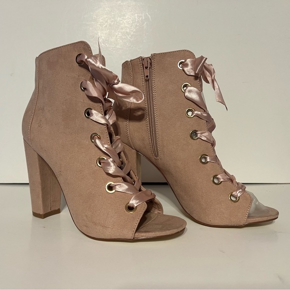 justfab PeepToe Gladiator blockHeel pink Boots Lace Up/zipper Heel Height: 4.25" - Picture 2 of 6